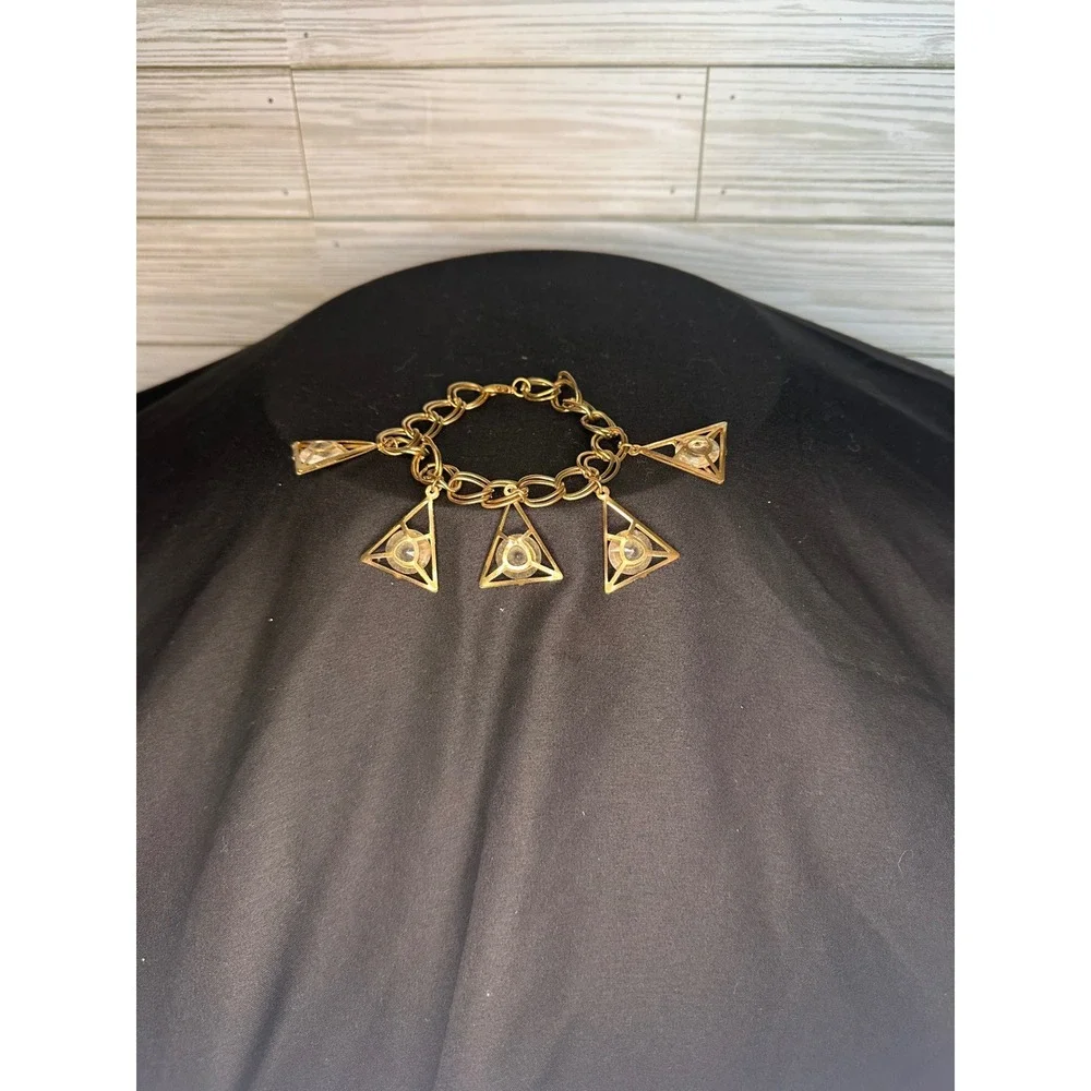 Vintage Pyramid Charm Gold Tone Bracelet with Clear Gems Excellent Geometric
